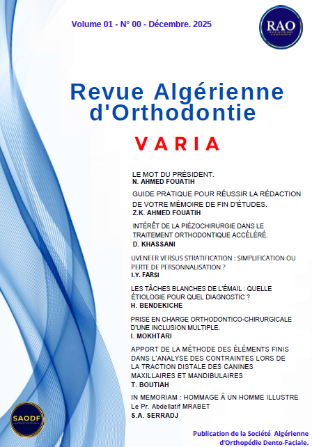 Bonjour; Nous avons le plaisir de vous annoncer la parution en ligne du 1er Numéro de la Revue Algérienne d'Orthodontie. Pour y accéder; veuillez vous connecter via votre espace adhérent, ci-joint le lien de la publication. https://saodf.org/revue.php Nous vous souhaitons une bonne réception et une bonne lecture.